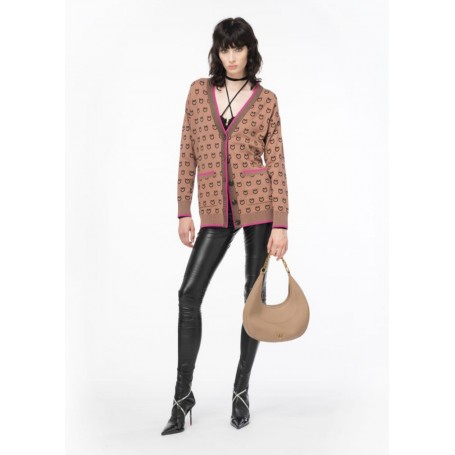 PINKO cardigan LAMA jacquard con logo CAMMELLO/NERO/FUXIA